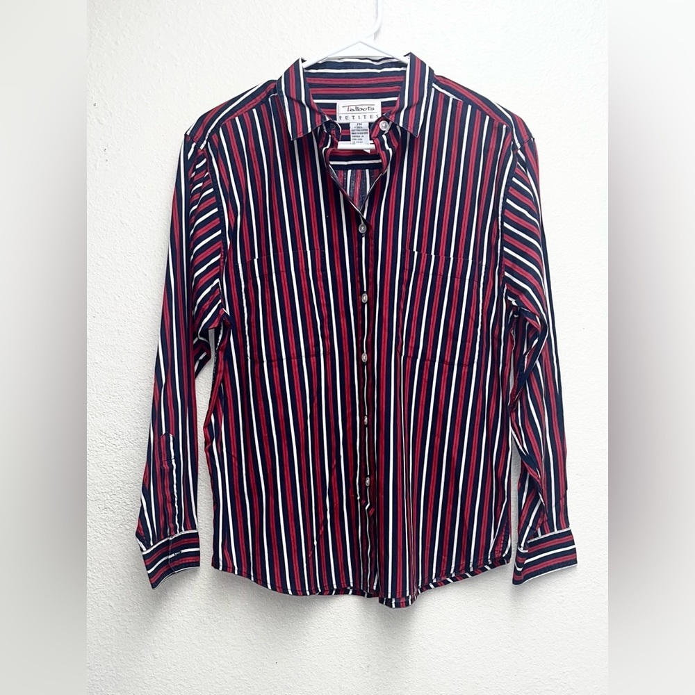 Talbots Petites Top Size PM Stripe Red, Blue, White Blouse Button Up 100% Cotton